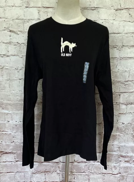 Old Navy Black Scardy Cat Metallic Logo Graphic Long Sleeve T Shirt Womens XXL