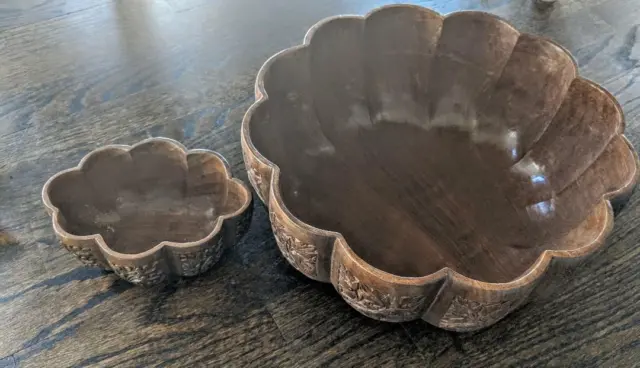 Vintage Hand Carved Wooden Bowl Set, Flower & Leaf Pattern Scalloped Bowls