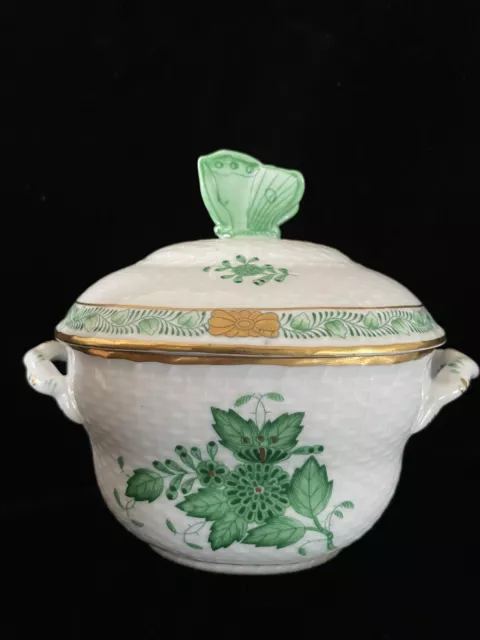 Rare Herend Chinese Bouquet Green Apponyi Sugar Bowl Butterfly Lid  Flowers EUC