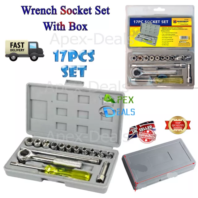 17pcs 1/4" Inch Socket Wrench Metric Drive Imperial Ratchet Driver Tool Box Set