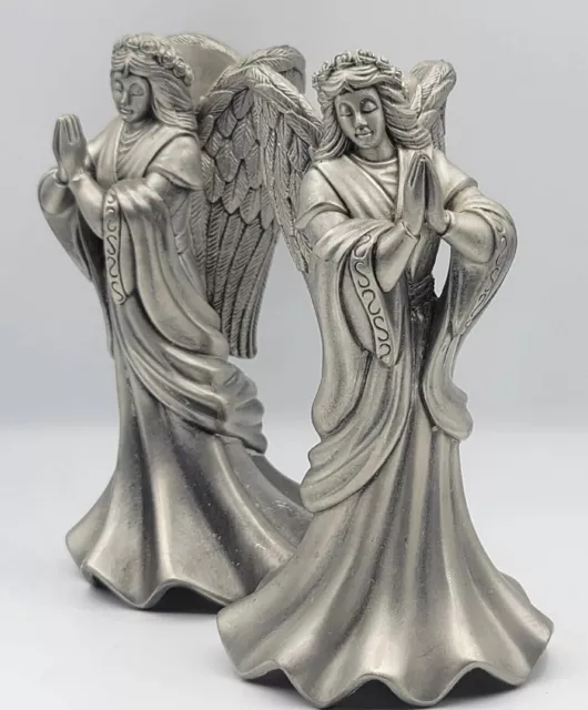 Vtg Heavy Pewter Angel Candlesticks Set Angelic Ornate  Religious Ceremonies