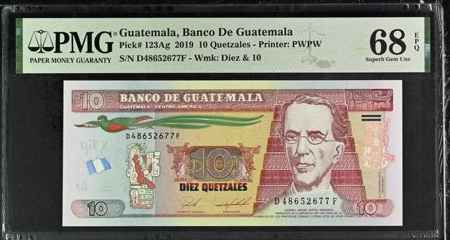 Guatemala 10 Quetzales 2019 P 123Ag Superb Gem UNC PMG 68 EPQ