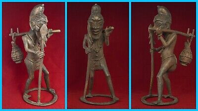 12" Authentic AFRICAN Benin Bronze Tribal Warrior w Spear & Water Pail Statue