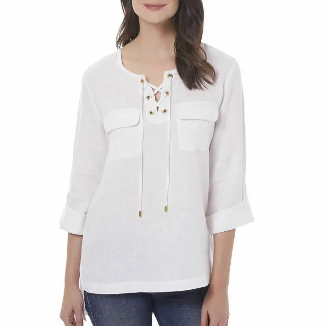 Ellen Tracy Company lace up front Chalk White Linen tunic SHIRT top Large nwt