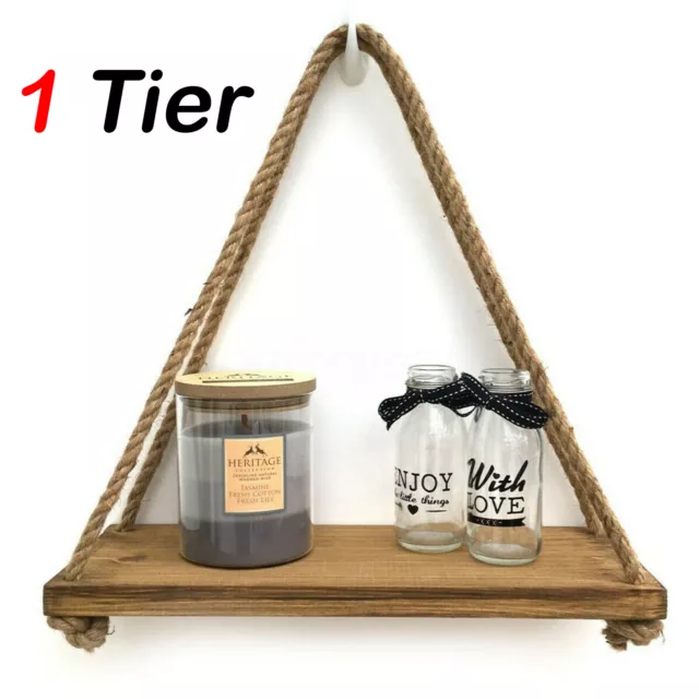 Wooden Hanging Rope Shelf Wall Mounted Floating Shelf Display Storage Rustic