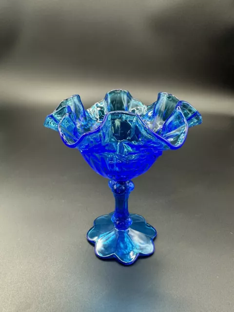 VTG Fenton Peacock Blue Cabbage Rose 6.5” Footed Compote Ruffled Candy Bowl Vase