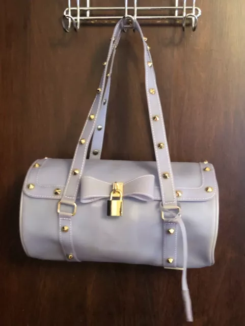 Blue Grey Unique Duffle Shape Vinyl Handbag Purse with Gold Studs