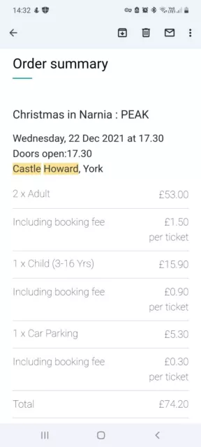 Castle Howard Tickets - 22nd Dec- Christmas in Narnia & Santa's Grotto 2Ad & 1Ch