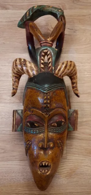 African GURU Mask Ivory Coast - Intricate Carvings Horns Bird Spirit