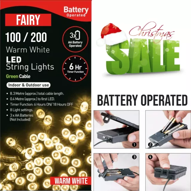 100 / 200 Warm White Led Battery Operated Fairy Lights String Xmas Wedding Party