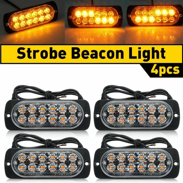 4x 12-LED Waterproof Bright Amber Hazard Beacon Strobe Dash Light Bar Foglights