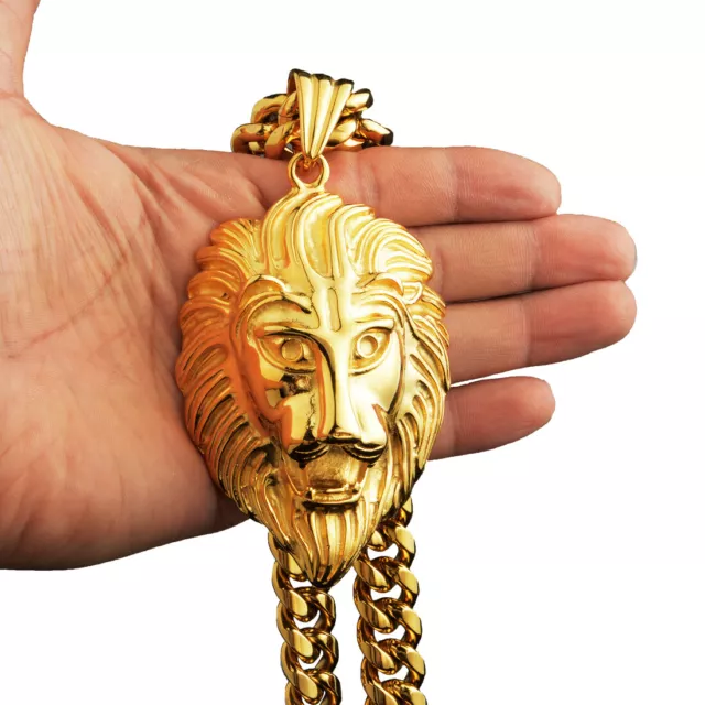 Cool Mens Big Lion Necklace Pendant Stainless Steel 14mm Heavy Cuban Link Chain