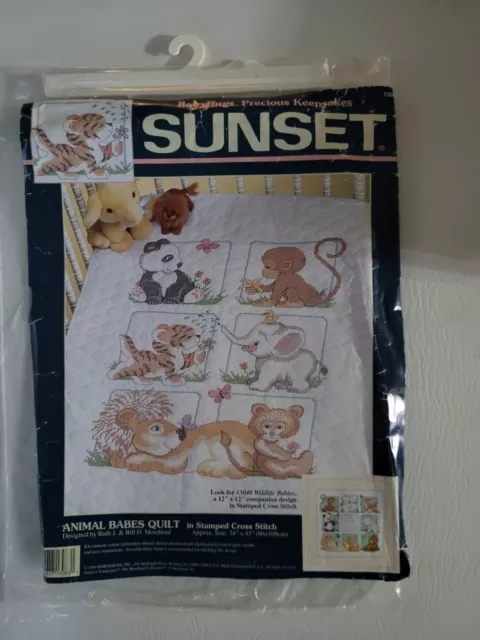 Vtg Sunset Animal Babes Quilt Cross Stitch Kit Baby Hugs #13083 Demensions NOS