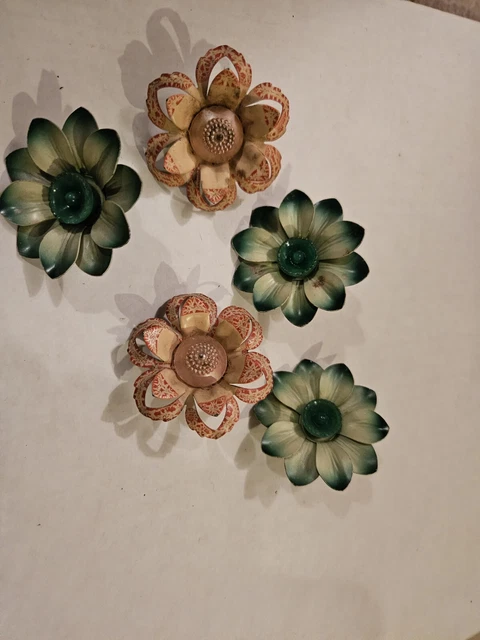 5 Vintage Curtain Flower Push Pins Metal Tie Backs Holdbacks
