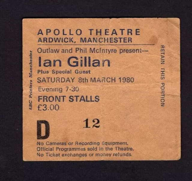 1980 Ian Gillan from Deep Purple Concert Ticket Stub Manchester Glory Road 3/8
