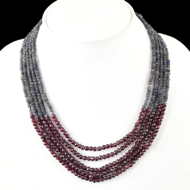 225.00 Cts Natural 5 Line Blue Tanzanite & Garnet Faceted Beads Necklace (Dg)