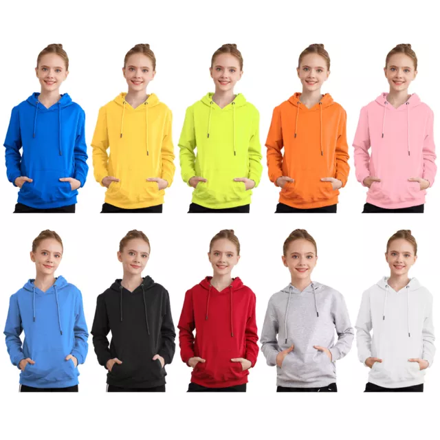 Boys Girls Pullover Hoodie Tops Plain Long Sleeve Drawstring Hooded Sweatshirts