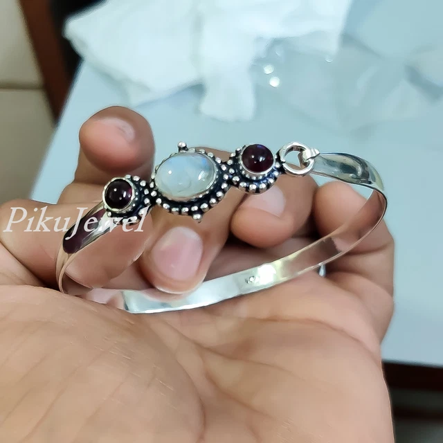 Bracelet Manchette En Argent 925 Avec Pierre De Lune Et Grenat - Fait Main, Ajustable, Inde