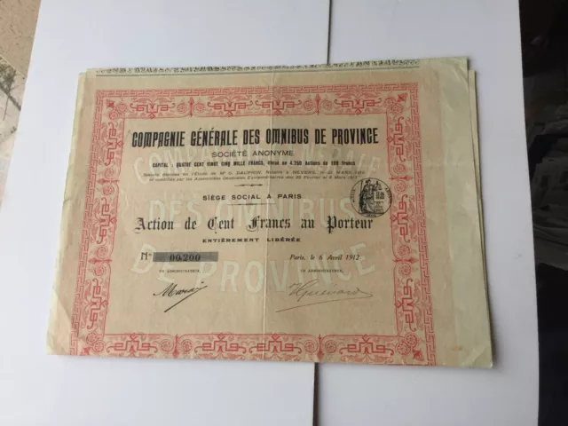 Compagnie Des Omnibus De PROVINCE ,100 Francs Au Porteur