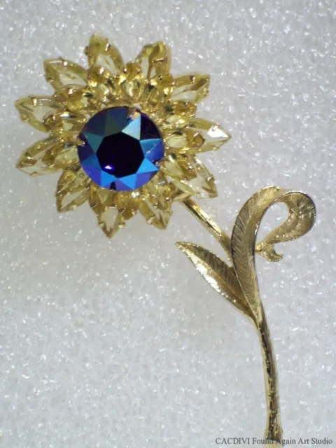 Blue Aurora Borealis Rhinestone Brooch Flower Pin Glass Topaz Crystals Petal Vtg