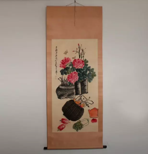 Chinese Old Qi Baishi Watercolor Scroll Painting Peony Flower 78.35”