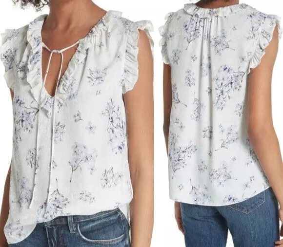 Rebecca Taylor Top Women 12 White Blue Silk Hydrangea Tie Neck Blouse Floral new