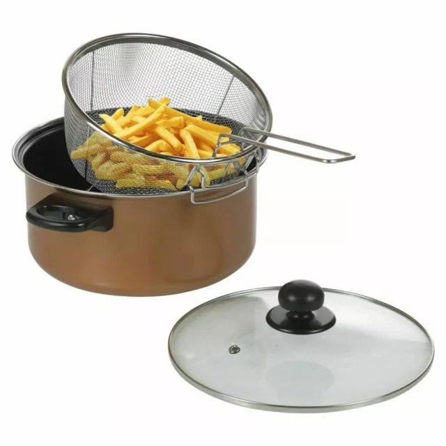 24cm Non Stick Chip Pan Copper Deep Fat Fryer Set Cooking Pot Frying Basket Lid