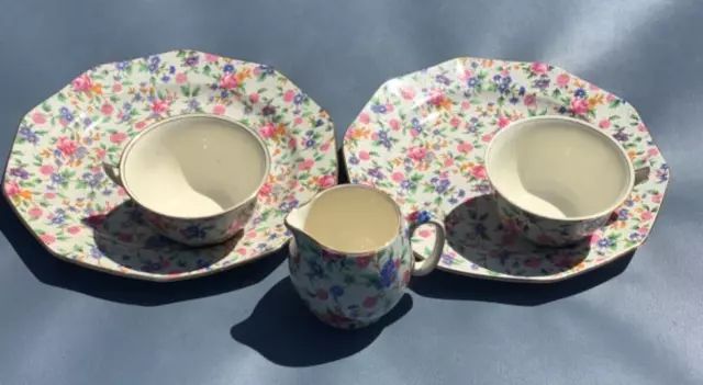 5 pc.  Royal Winton Grimwades Old Cottage Chintz 2 Snack Plates 2 Cups & Creamer