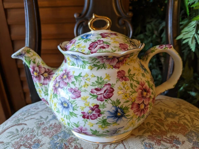 RARE Vintage Windsor Chelsea Chintz SUMMER PINK English Teapot Gold Gilt Floral
