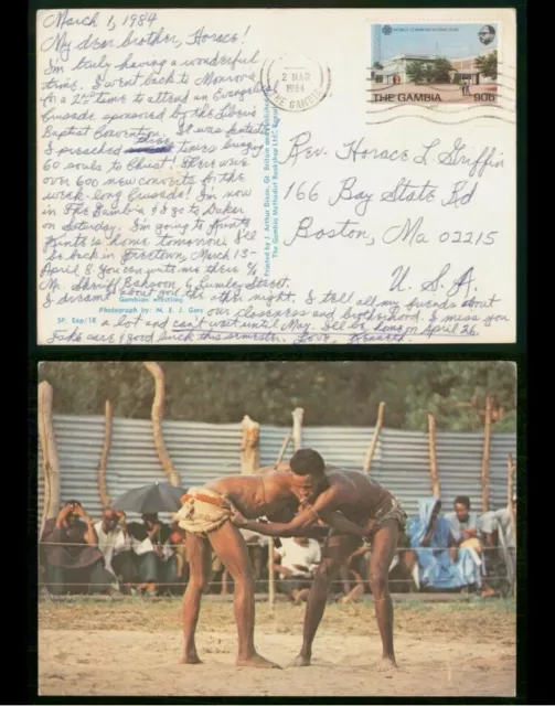 GAMBIA 🇬🇲 AK PPC Postcard Banjuk wrestling to Boston USA 1984 Top