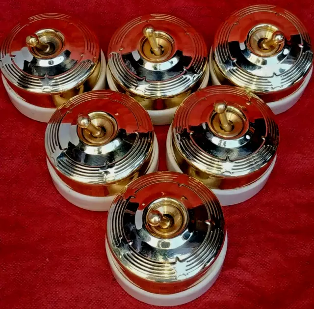 Vintage Brass And Ceramic Round Electric Switch Button Set 6 Star Design 1 Way