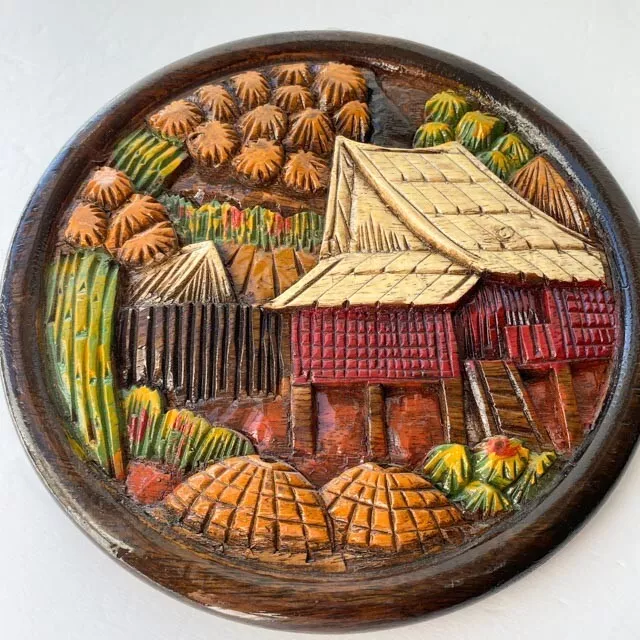 Vintage Carved Wood Wall Hanging Frame Plaque Hand Painted Thai Village Folk Art