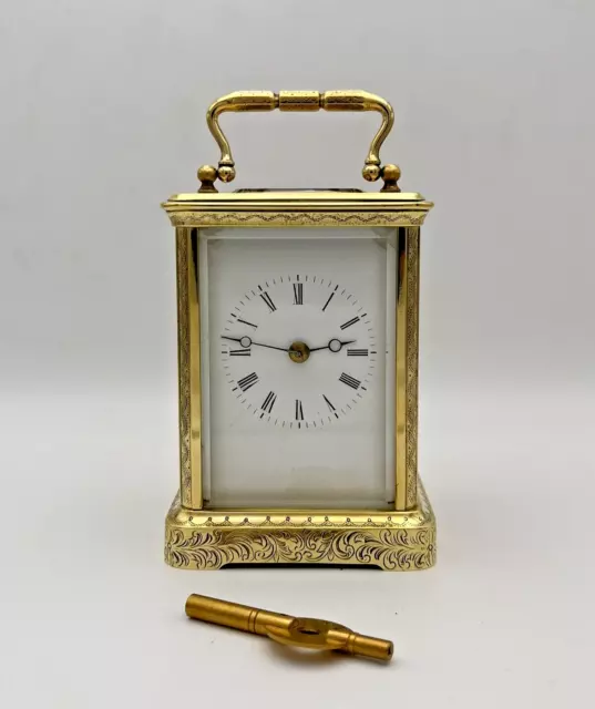 ANTIQUE GENUINE FRENCH ENGRAVED STRIKING BRASS CARRIAGE CLOCK by PONS - WORKING