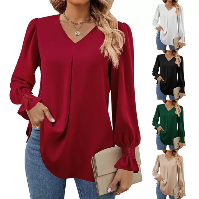 Camiseta Con Cuello En V De Color Liso Para Mujer Blusa De Manga Larga <