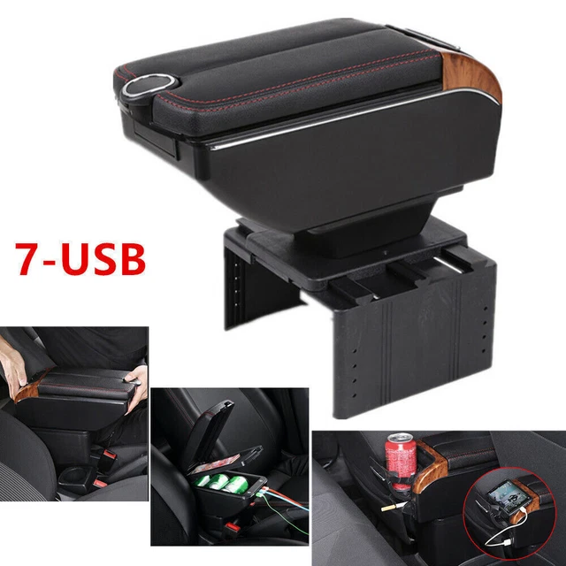 1PCS 7 USB Charging Car Central Console Dual Opening Armrest Box PU Leather+ABS