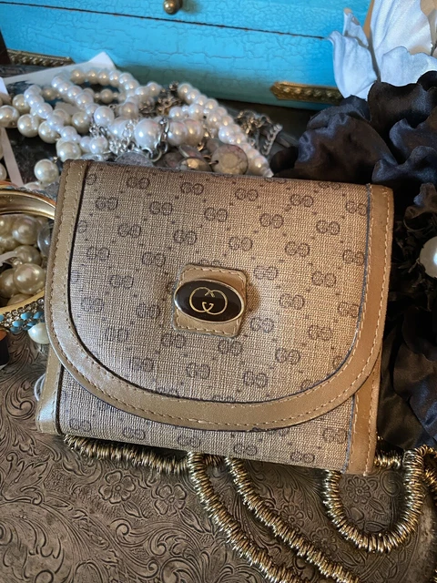 Vintage Gucci Wallet Women’s Tan Canvas Leather Gold Clip Cards VTG