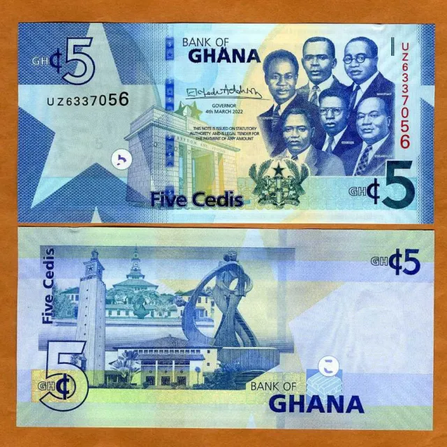 Ghana, 5 Cedis, 2022, P-New, UNC Upgraded security features