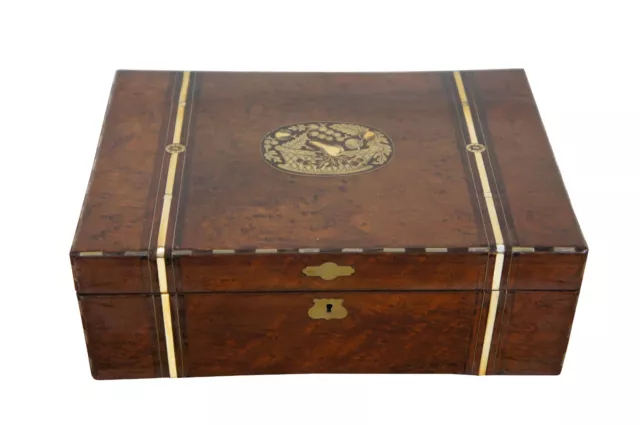Antique English Victorian Walnut Burl Inlaid Campaign Jewelry Chest Vanity Box
