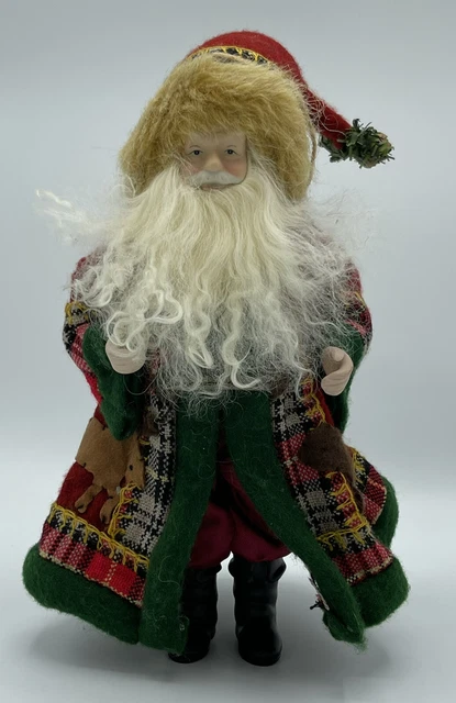 SANTA CLAUS Doll Figure ORNAMENT Porcelain Face Curly Beard Felt Embroidery