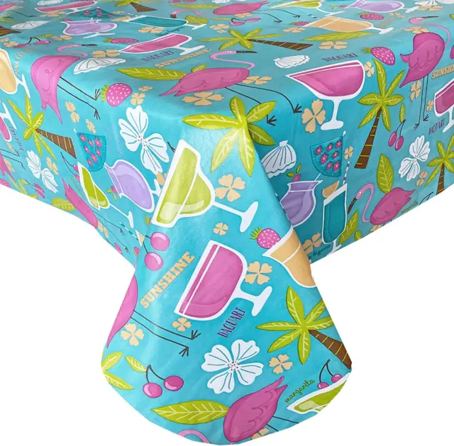 Happy Hour Whimsy Vinyl Flannel Backed Tablecloth, Kitschy Flamingo and Tropical
