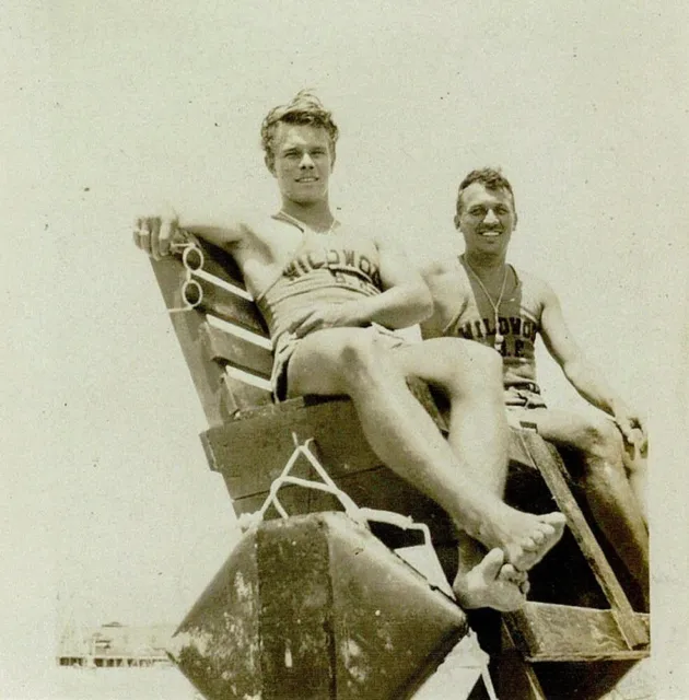 Two Lifeguards in Chair on the Beach 1930s gay man's collection 4x4