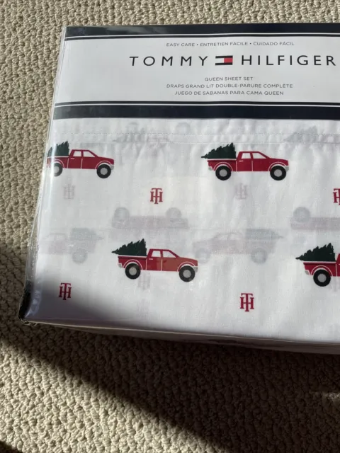 TOMMY HILFIGER RED TRUCK Christmas TREE Logo QUEEN SHEET SET EasyCare NEW A12