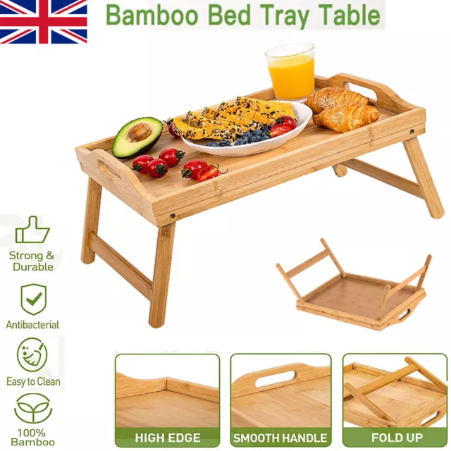 Bamboo Lap Tray Wooden Breakfast Serving Bed Table With Folding Legs Uk