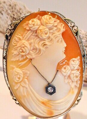 HUGE ANTIQUE 14K WHITE GOLD DIAMOND CARVED CAMEO PENDANT BROOCH Pin 2.5" 20+gm