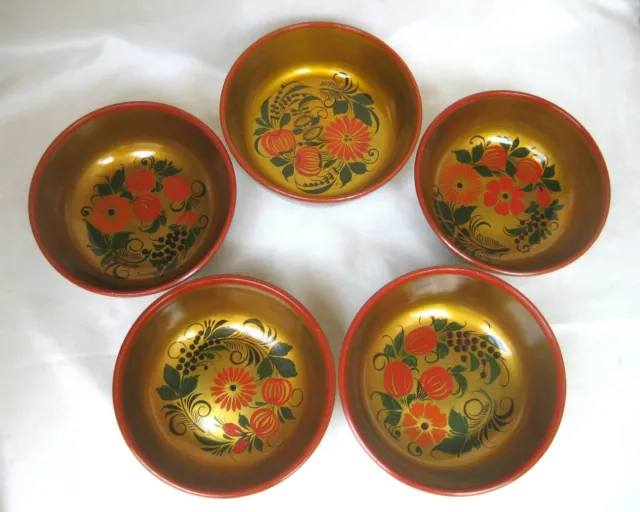 Lot of (5) RUSSIAN KHOKHLOMA LACQUERED Handpainted Wood Bowls Folk Art