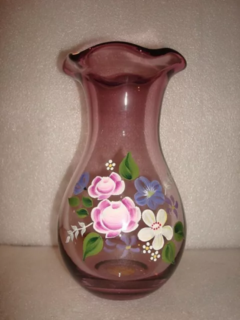 Vintage Hand Blown Painted Purple Fenton Floral Vase Amethyst Glass Ruffled Edge