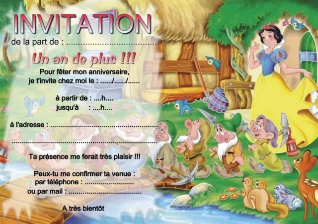 5 ou 12 cartes invitation anniversaire BLANCHE NEIGE ET LES 7  NAINS REF 27