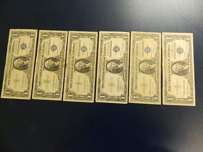 Set of 6 $1 Circulated Blue Seal 1957 A & B & 1935 A Silver Certificate - Nice!
