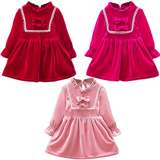 Baby Infant Girls Long Sleeve Bowknot Velvet Dress for Christmas Autumn Winter