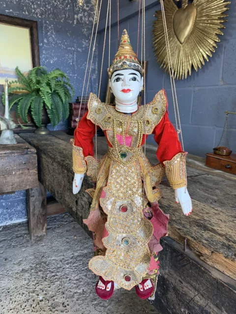 Antique Vintage Wooden Marionette Puppet Burmese Beaded Large 1 Of 3